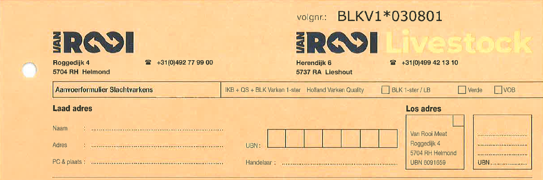 Aanvoerbon van Rooi Meat VOB